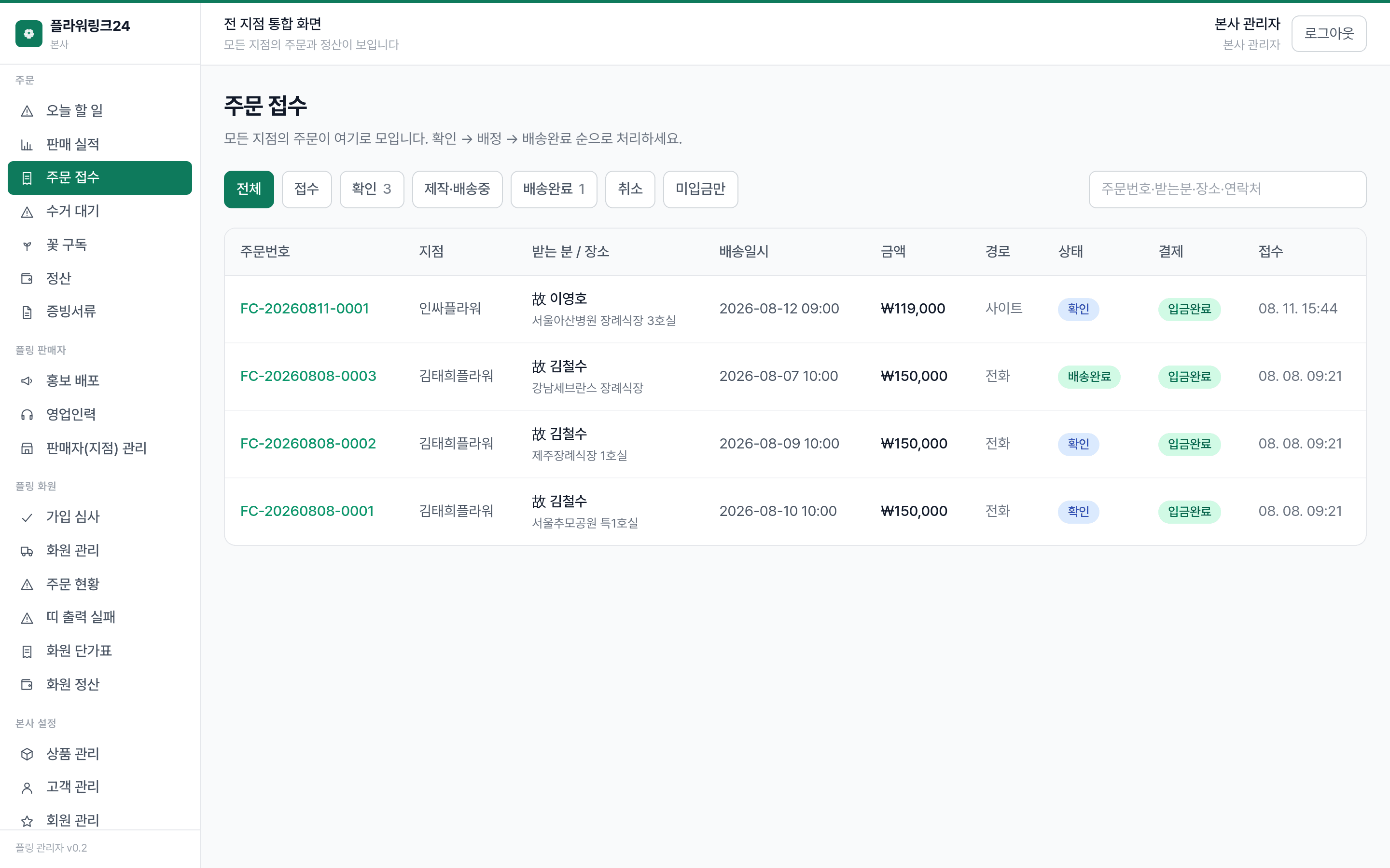 플라워링크24 관리자: 전 지점 주문이 한 줄로 모인다